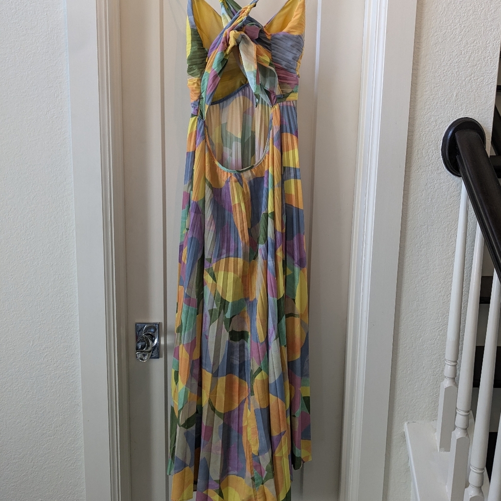 Astr Multicolor Pleated Midi Dress in Yellow, Green, Purple - Picture 3 of 4